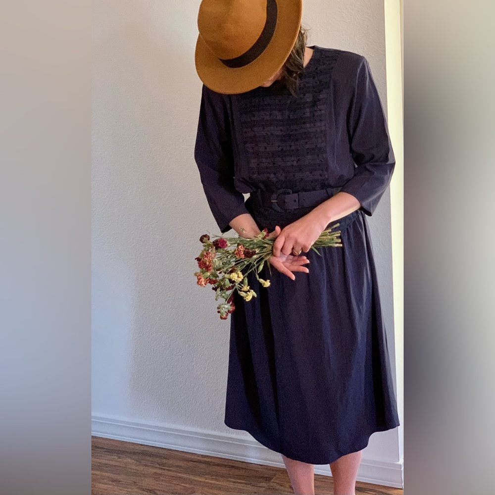 Navy Blue Belted Eyelet Dress with Peplum